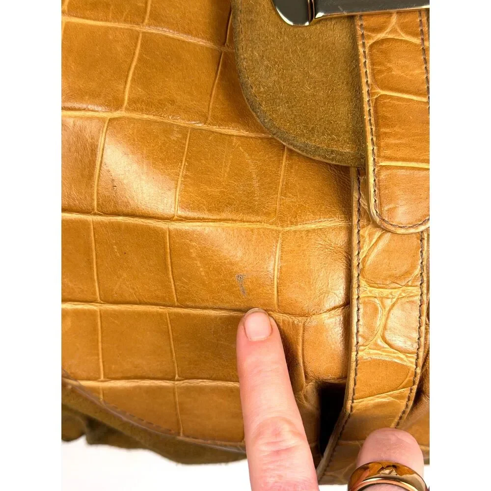Y2K Vintage Furla Italian Leather Croc‎ Embossed Shoulder Bag Camel Hobo Purse